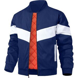 Men's Blue White Polyester Stylish Stand Collar Quilted Casual Bomber Jacket